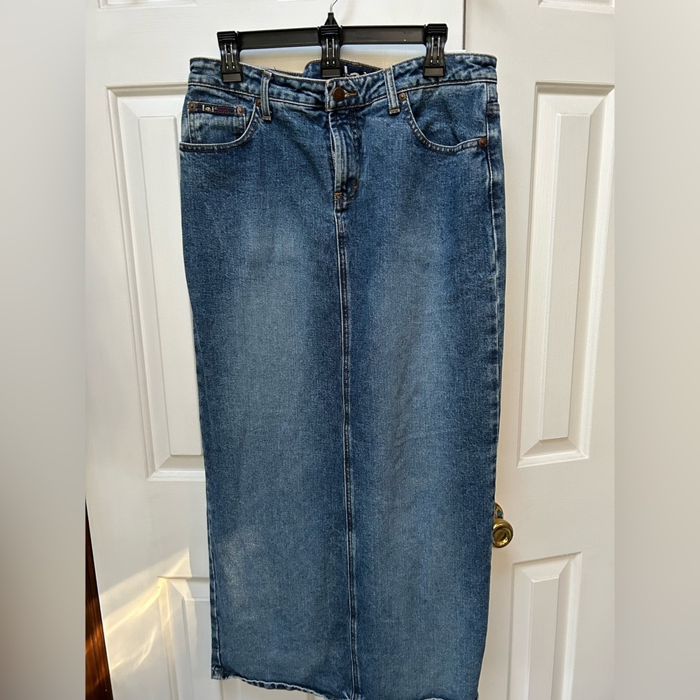 Long Pencil Skirt/Blue Denim Maxi, Sz 13. Below knee. 100% cotton. Deep split.